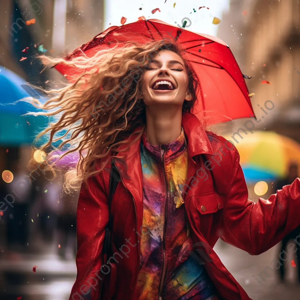 Woman dancing in the rain with a colorful umbrella - Image 3