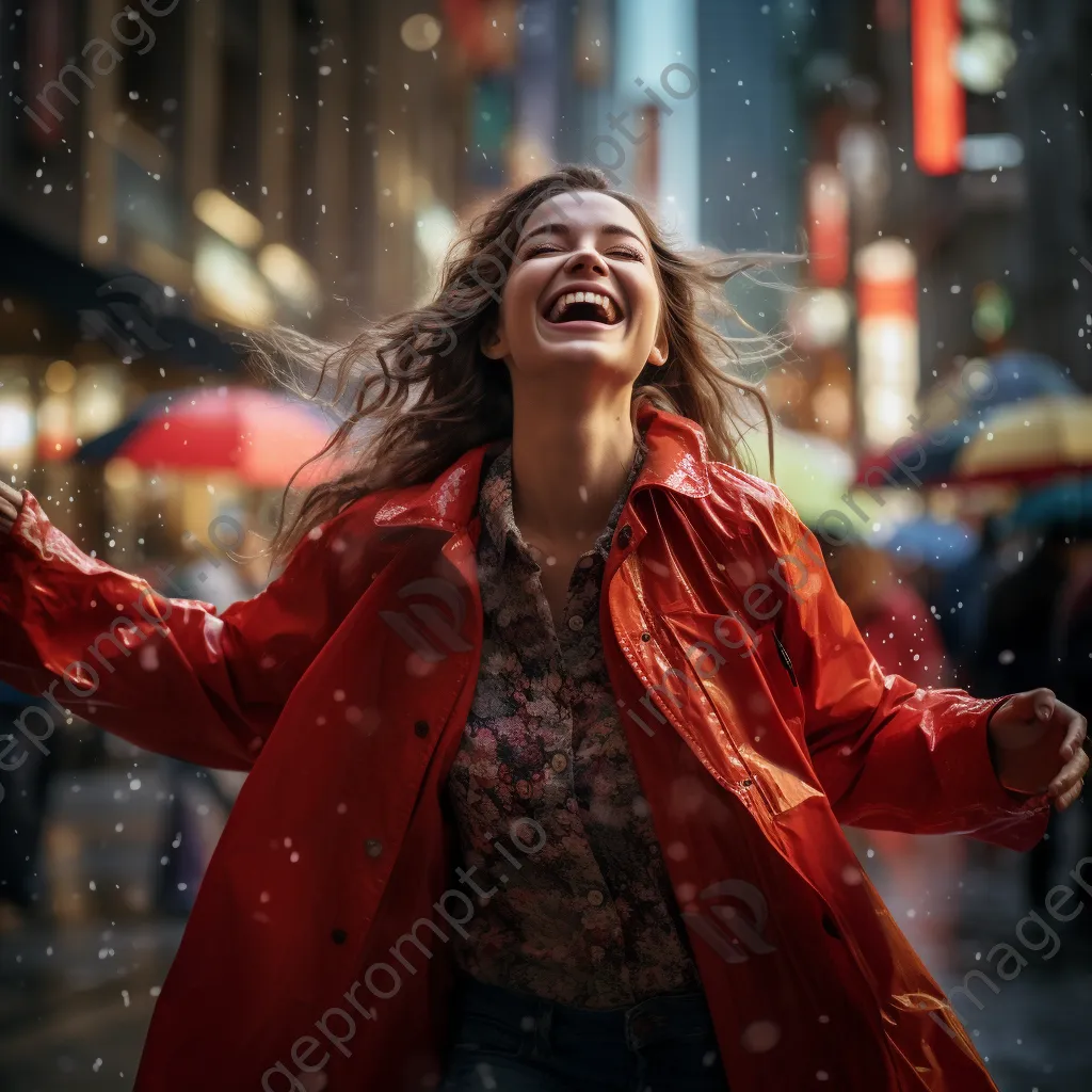 Woman dancing in the rain with a colorful umbrella - Image 4