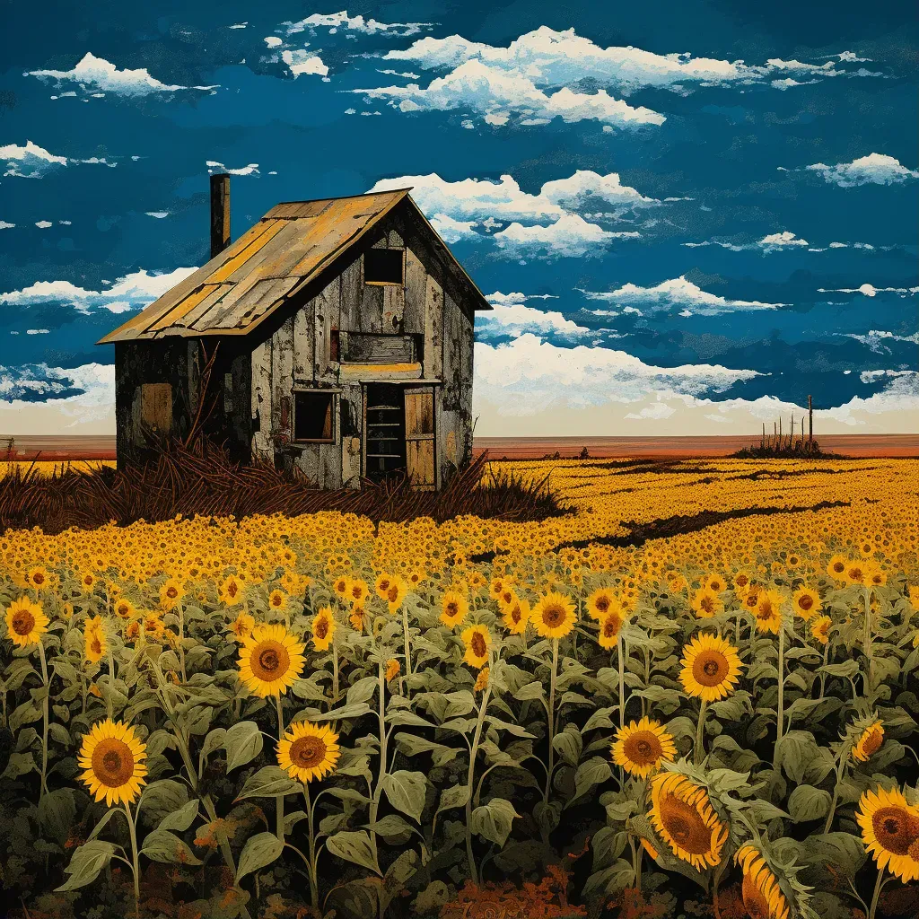 Image of a weathered house among thriving sunflowers - Image 1