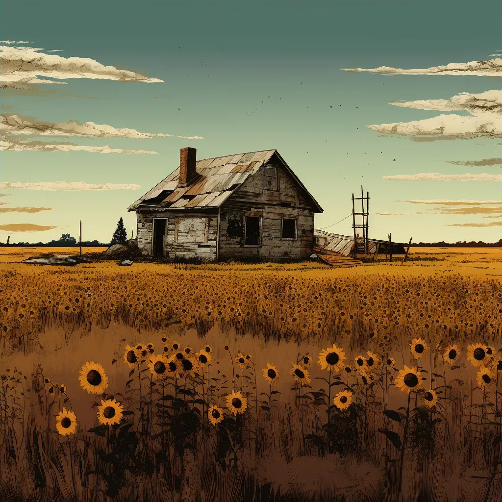 Image of a weathered house among thriving sunflowers - Image 2