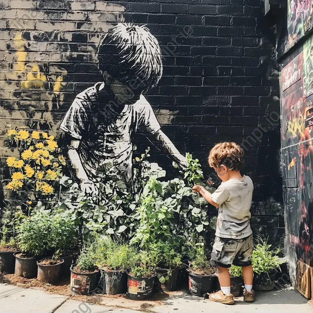 Children creating a community garden with spray-paint aesthetics and upcycled planters - Image 1