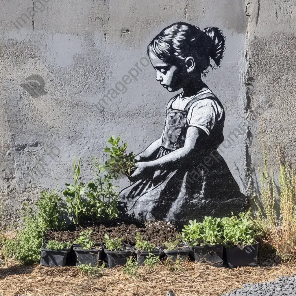 Children creating a community garden with spray-paint aesthetics and upcycled planters - Image 2