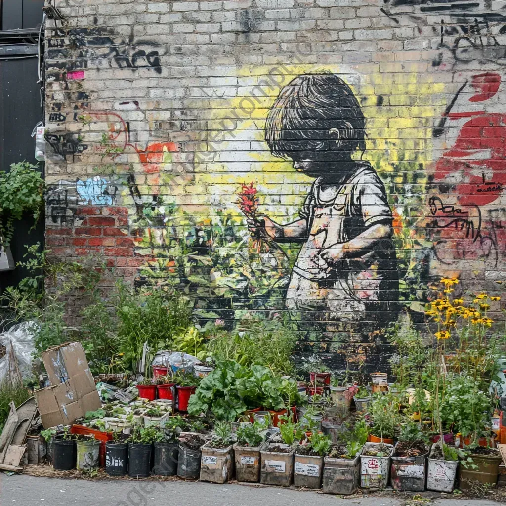 Children creating a community garden with spray-paint aesthetics and upcycled planters - Image 4