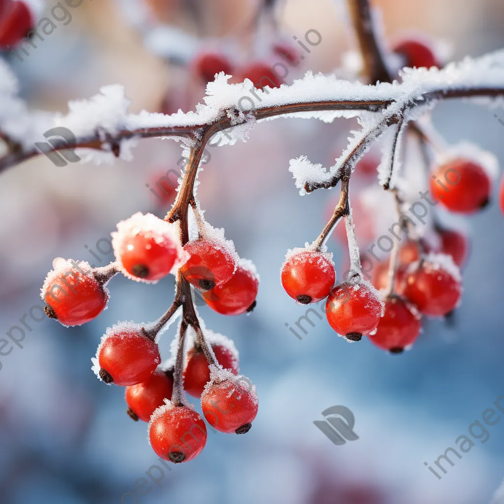 Snowflakes on red berries in winter - Image 1