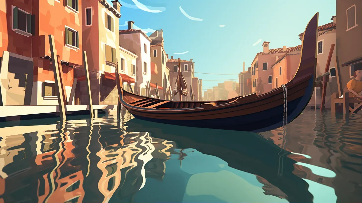 Low poly art of a quiet Venetian canal with a docked gondola - Image 1