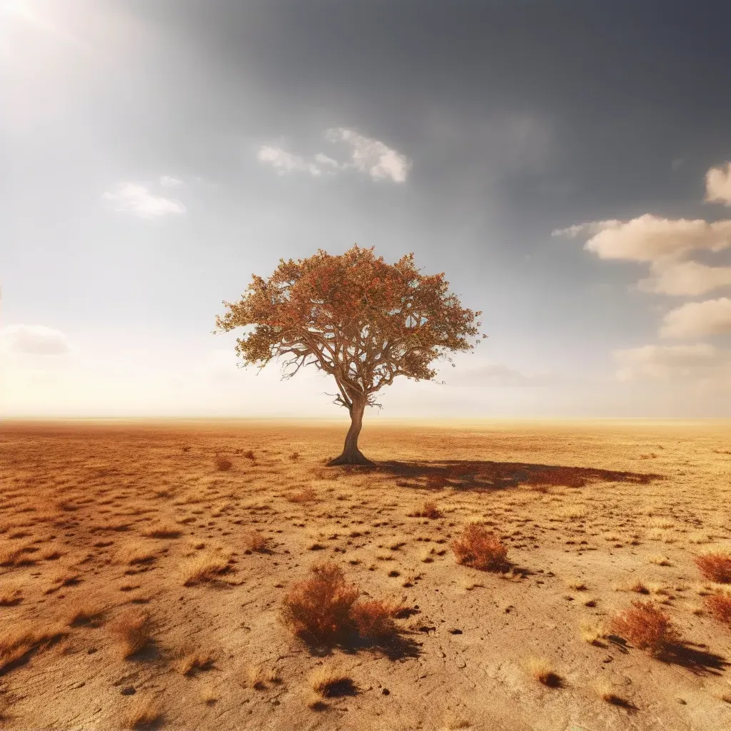 Single tree standing in the middle of a dry savannah under a scorching sun - Image 2