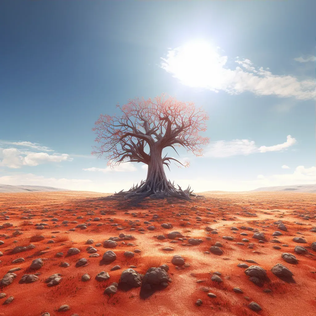 Single tree standing in the middle of a dry savannah under a scorching sun - Image 3