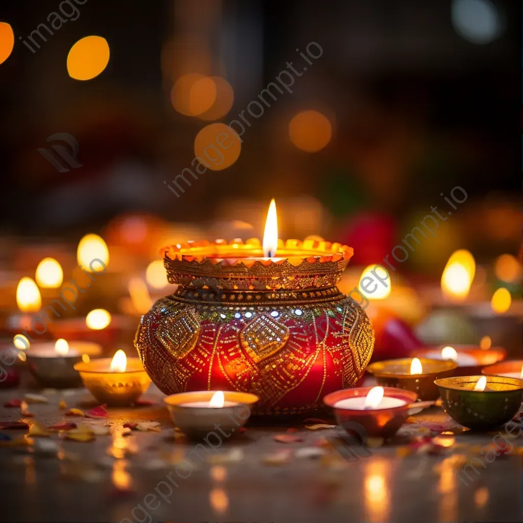 Diwali celebration with lit oil lamps, rangoli art, and fireworks - Image 1