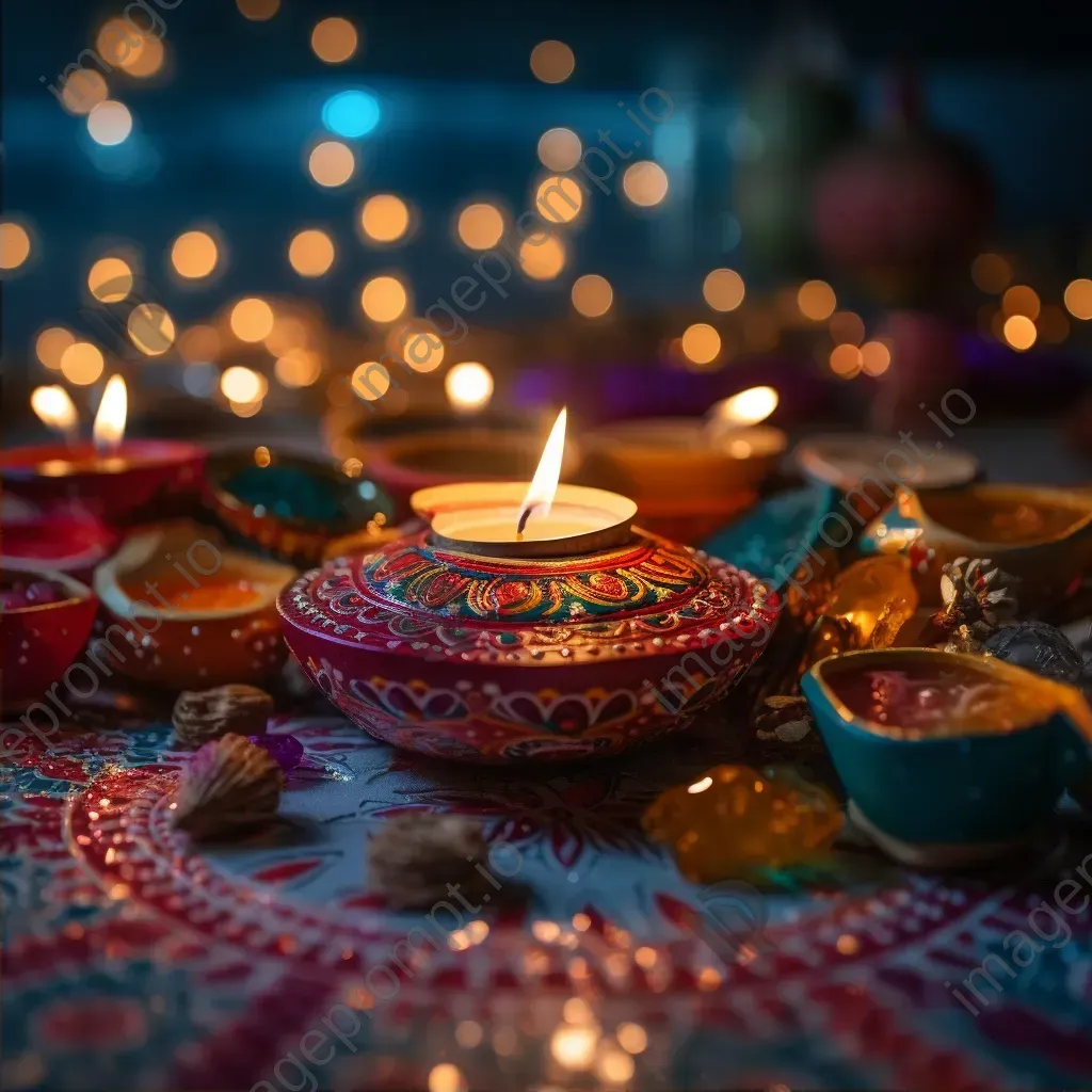 Diwali celebration with lit oil lamps, rangoli art, and fireworks - Image 2