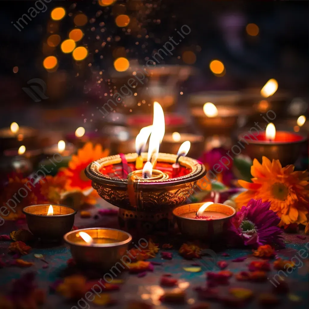 Diwali celebration with lit oil lamps, rangoli art, and fireworks - Image 3