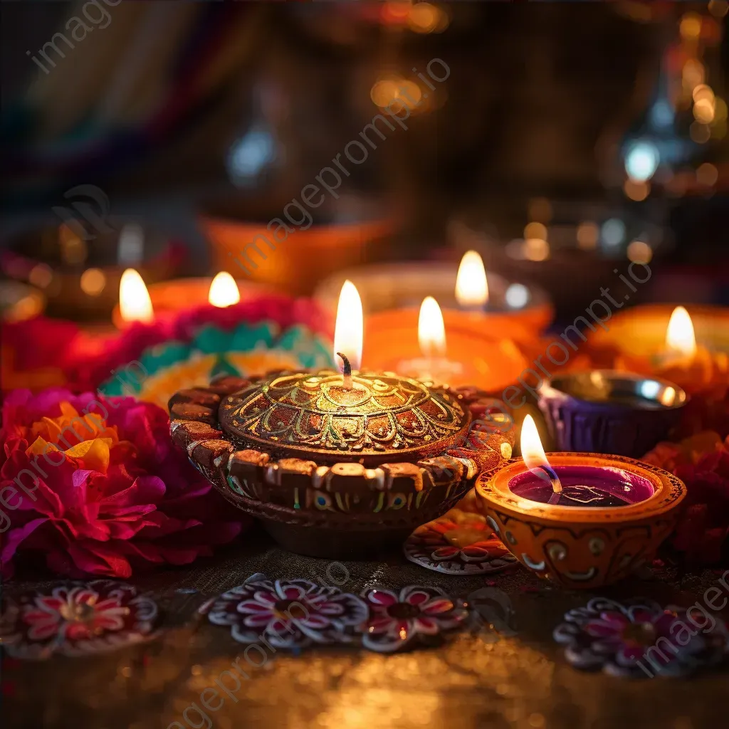 Diwali celebration with lit oil lamps, rangoli art, and fireworks - Image 4