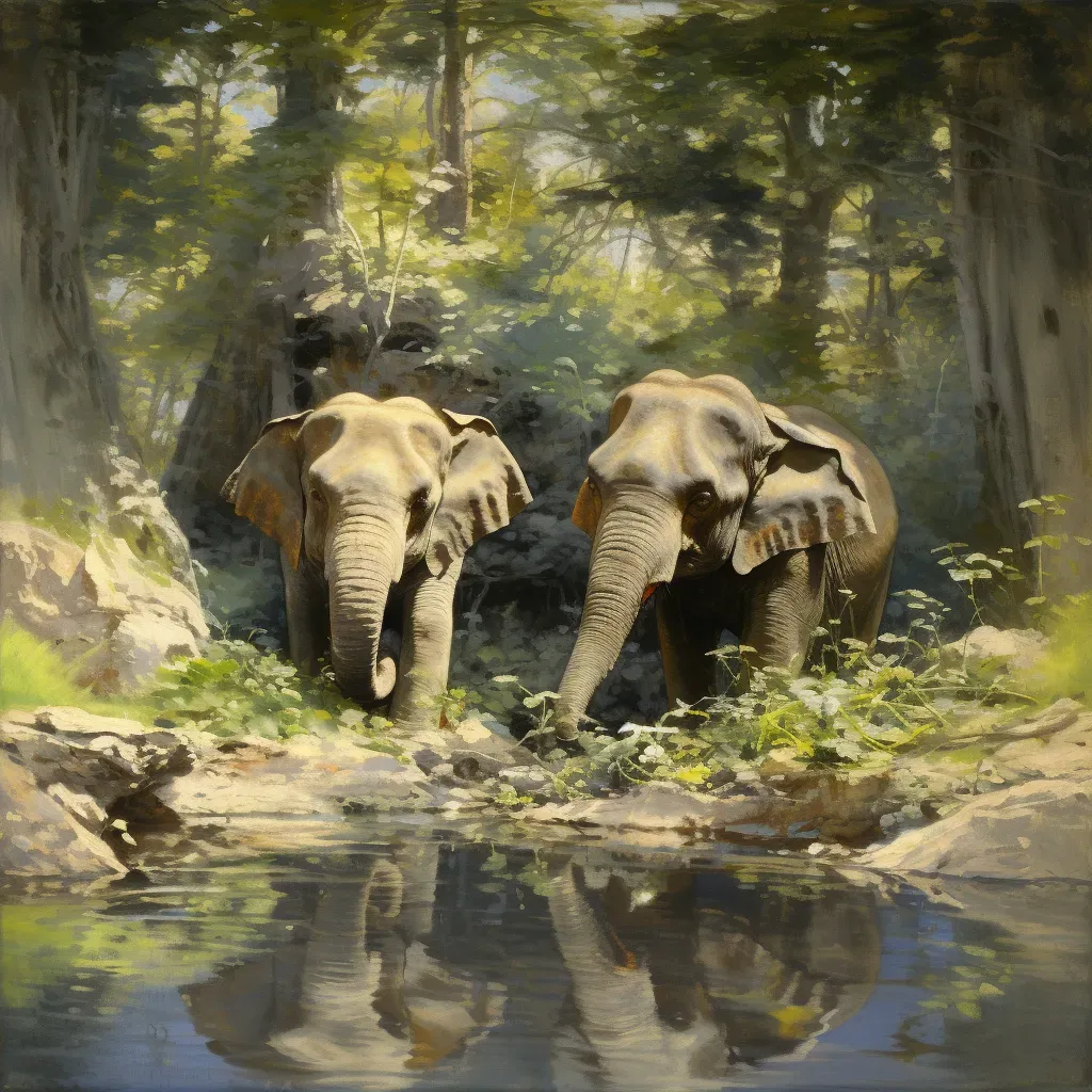 Asian elephants cooling off in muddy watering hole in dense forest - Image 4