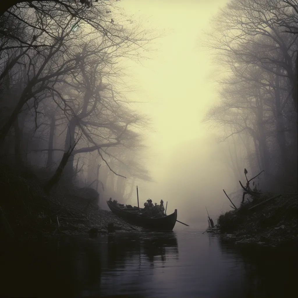 Spectral ferryman on River Styx with shadowy figures in misty waters - Image 1