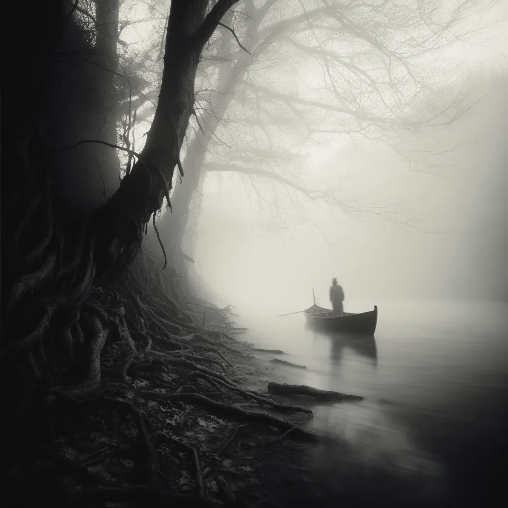 Spectral ferryman on River Styx with shadowy figures in misty waters - Image 2