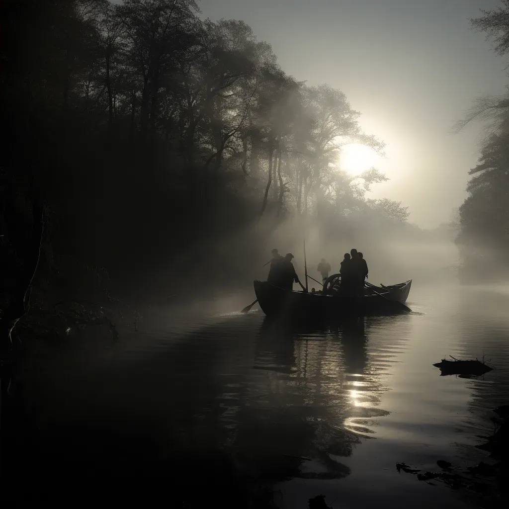 Spectral ferryman on River Styx with shadowy figures in misty waters - Image 4