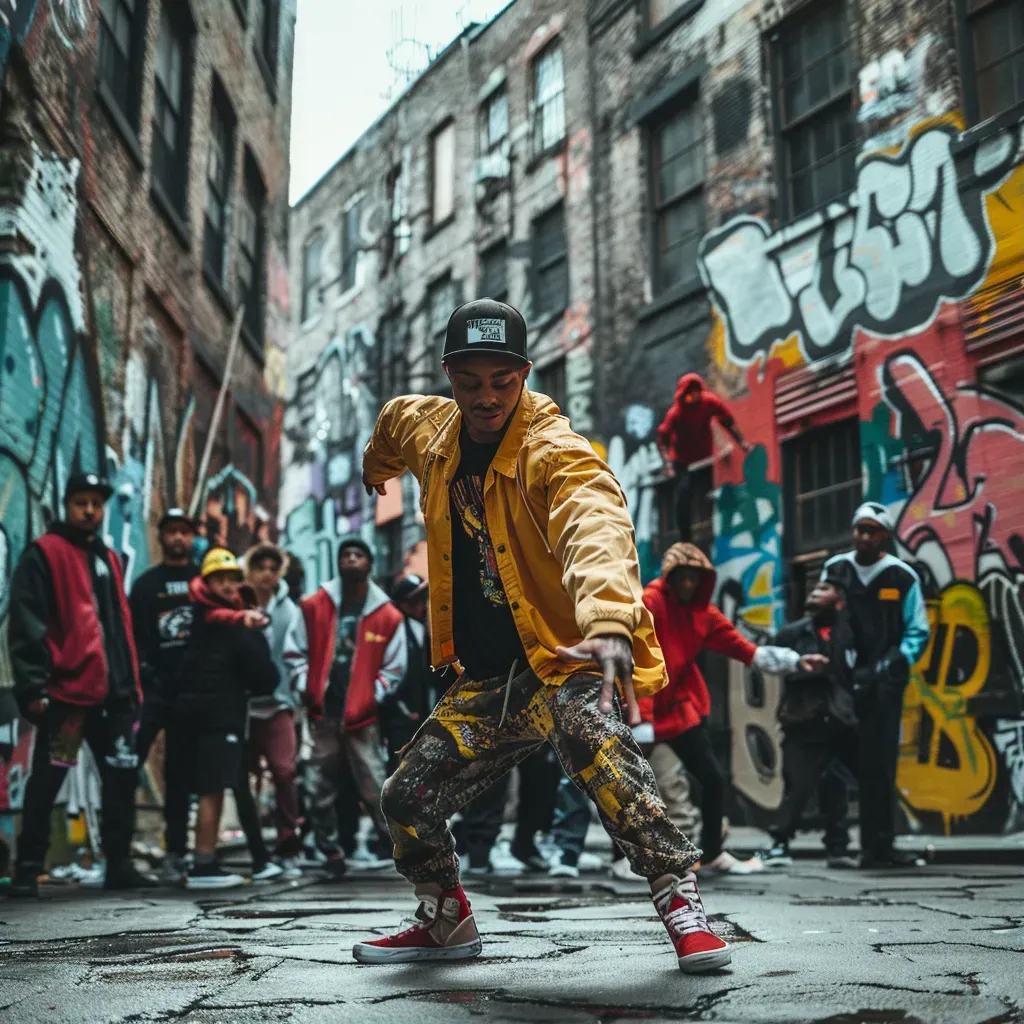 Hip-hop dancers performing in gritty alley with graffiti backdrop - Image 1