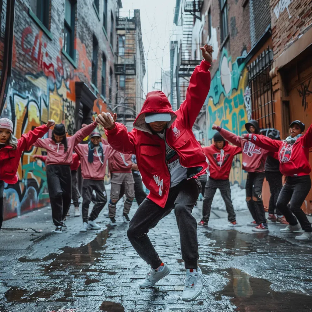 Hip-hop dancers performing in gritty alley with graffiti backdrop - Image 2