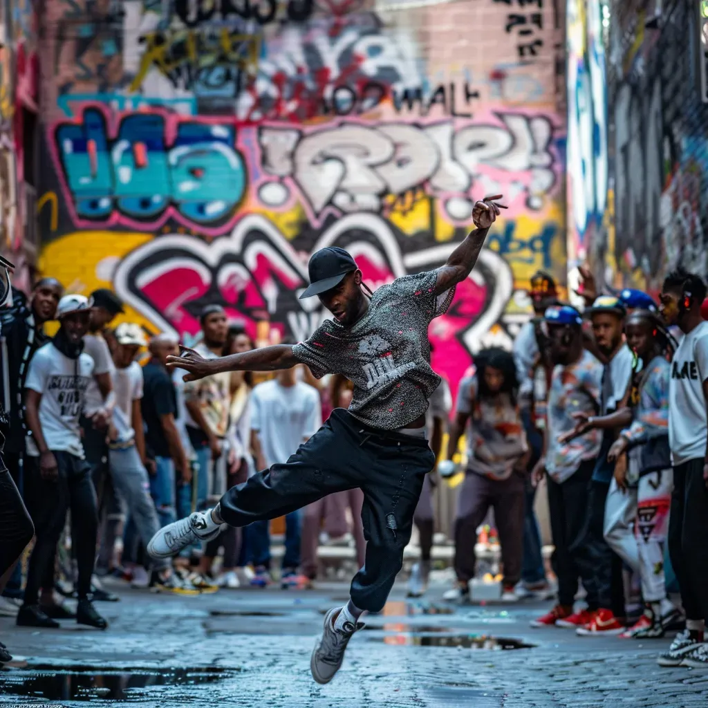 Hip-hop dancers performing in gritty alley with graffiti backdrop - Image 4