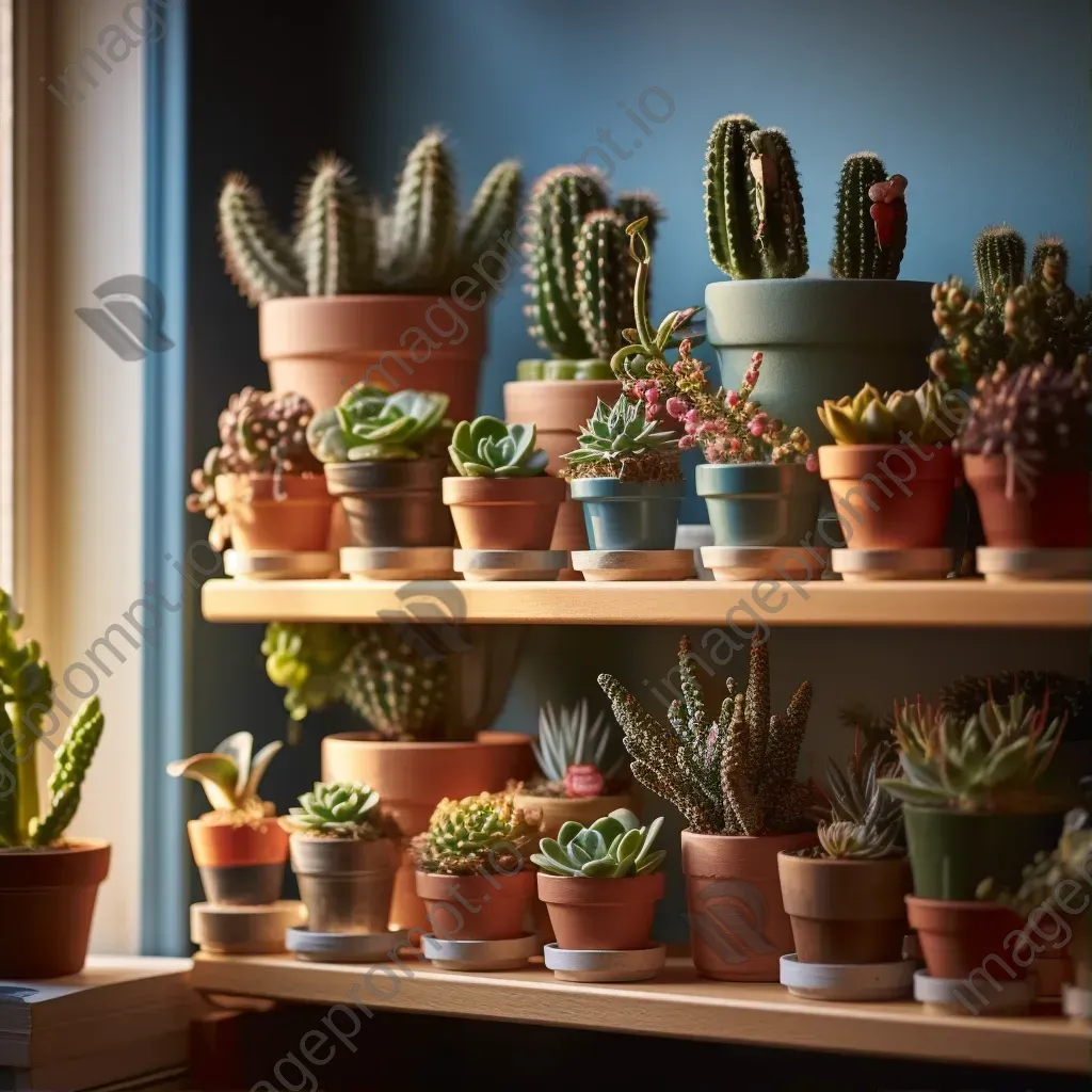 Top view of colorful succulent plants and cacti on a bohemian-style shelf - Image 1