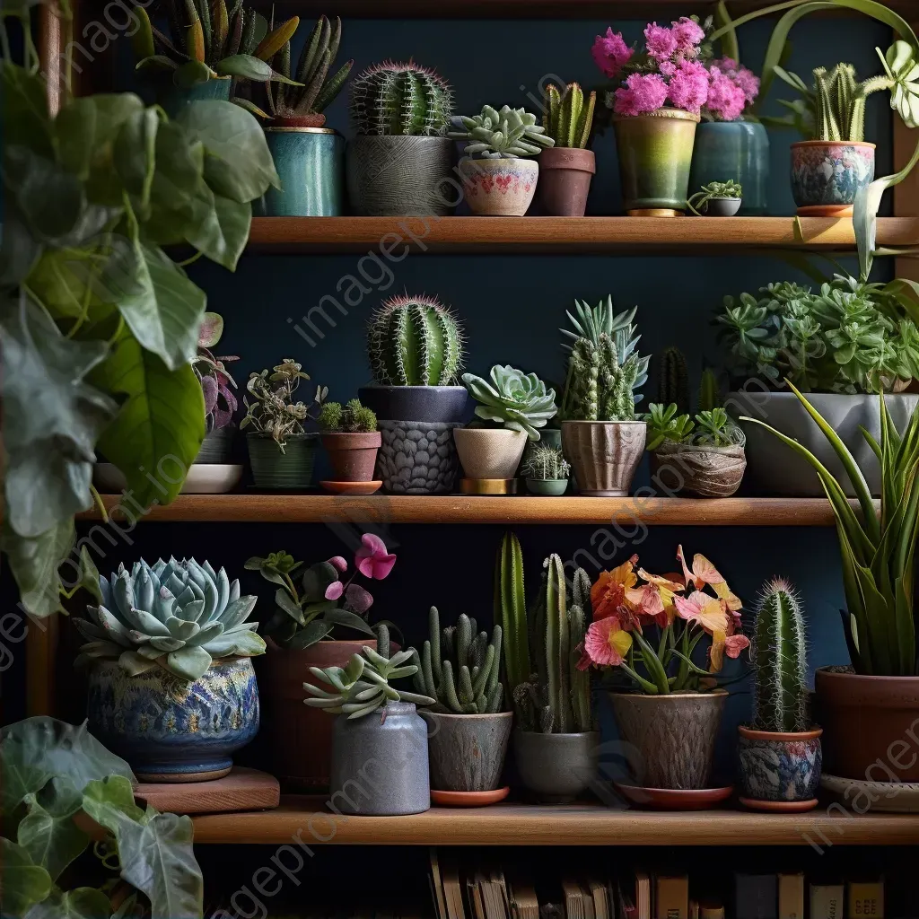 Top view of colorful succulent plants and cacti on a bohemian-style shelf - Image 2