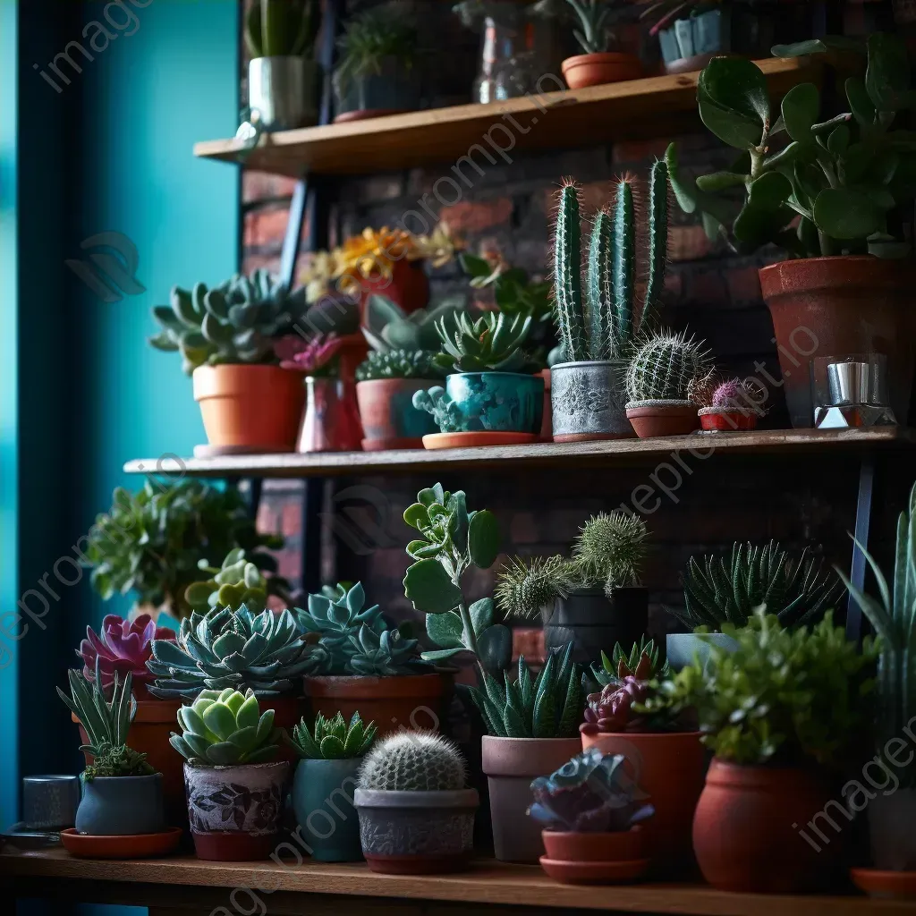 Top view of colorful succulent plants and cacti on a bohemian-style shelf - Image 4