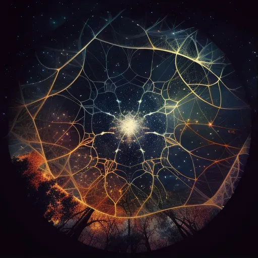 Elements connected by a web of light symbolizing the interconnectedness of the universe in an enlightening image. - Image 1