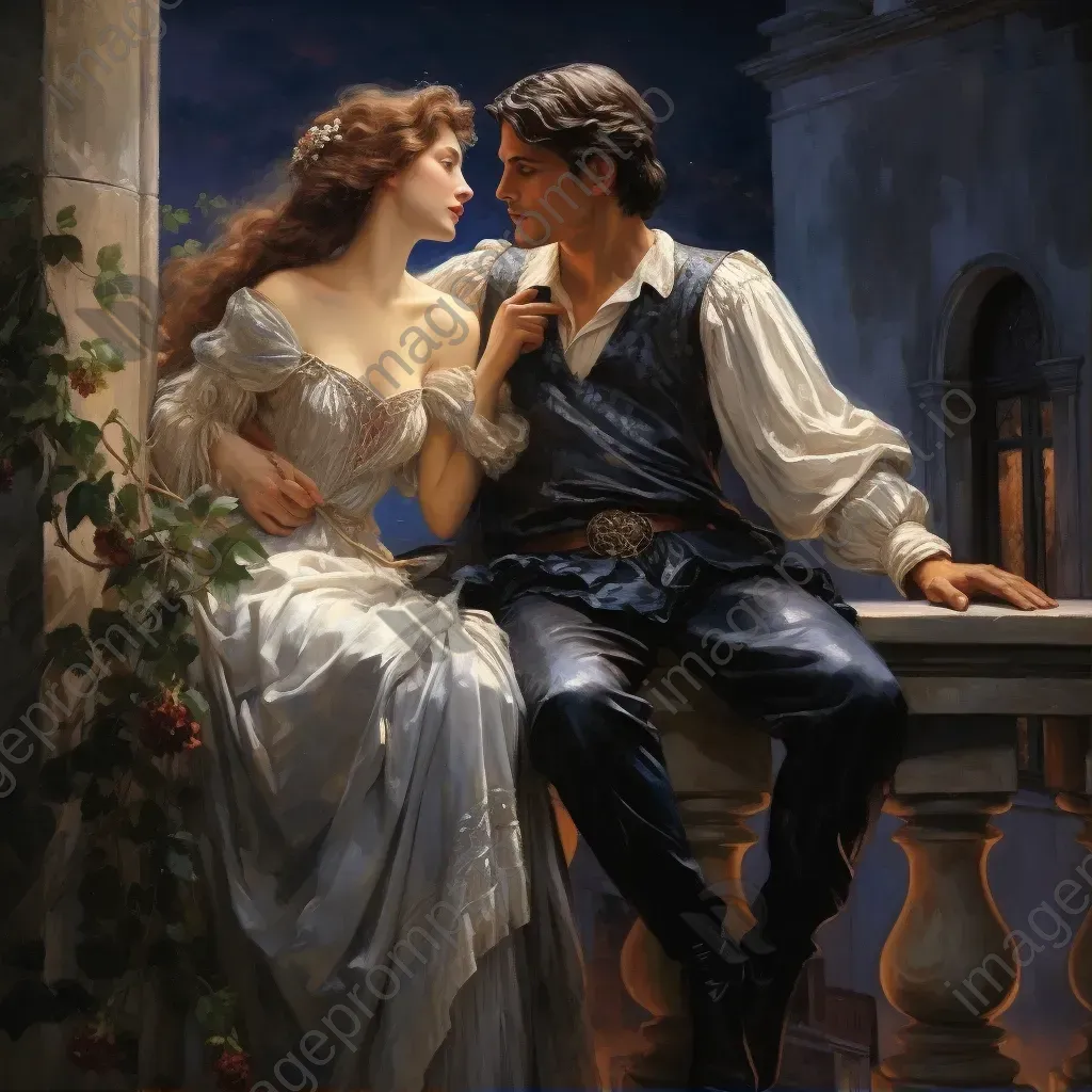 Classical balcony scene of Romeo and Juliet set against a starlit backdrop - Image 1