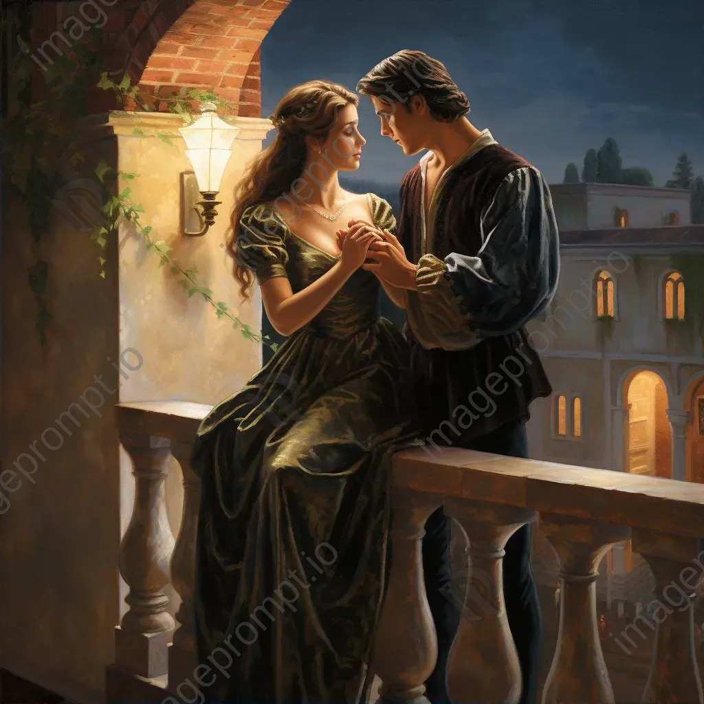 Classical balcony scene of Romeo and Juliet set against a starlit backdrop - Image 2