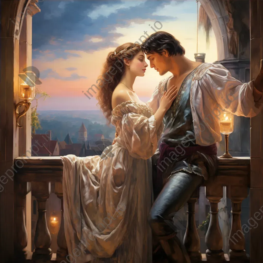 Classical balcony scene of Romeo and Juliet set against a starlit backdrop - Image 4