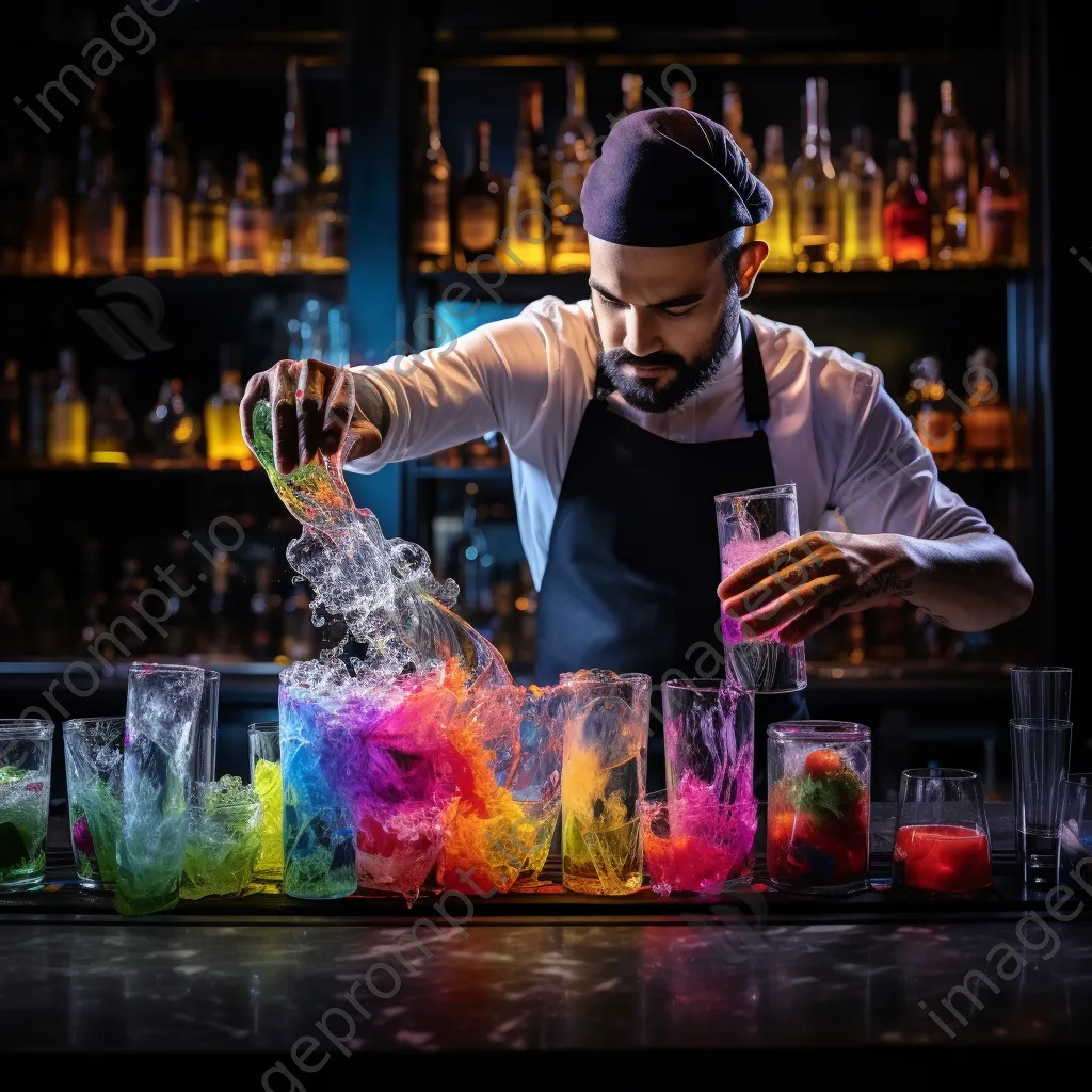 Bartender pouring a colorful rainbow cocktail - Image 3