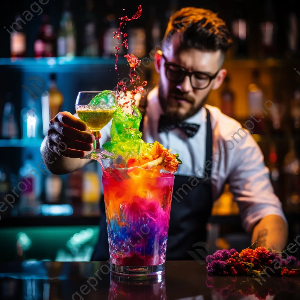 Bartender pouring a colorful rainbow cocktail - Image 4