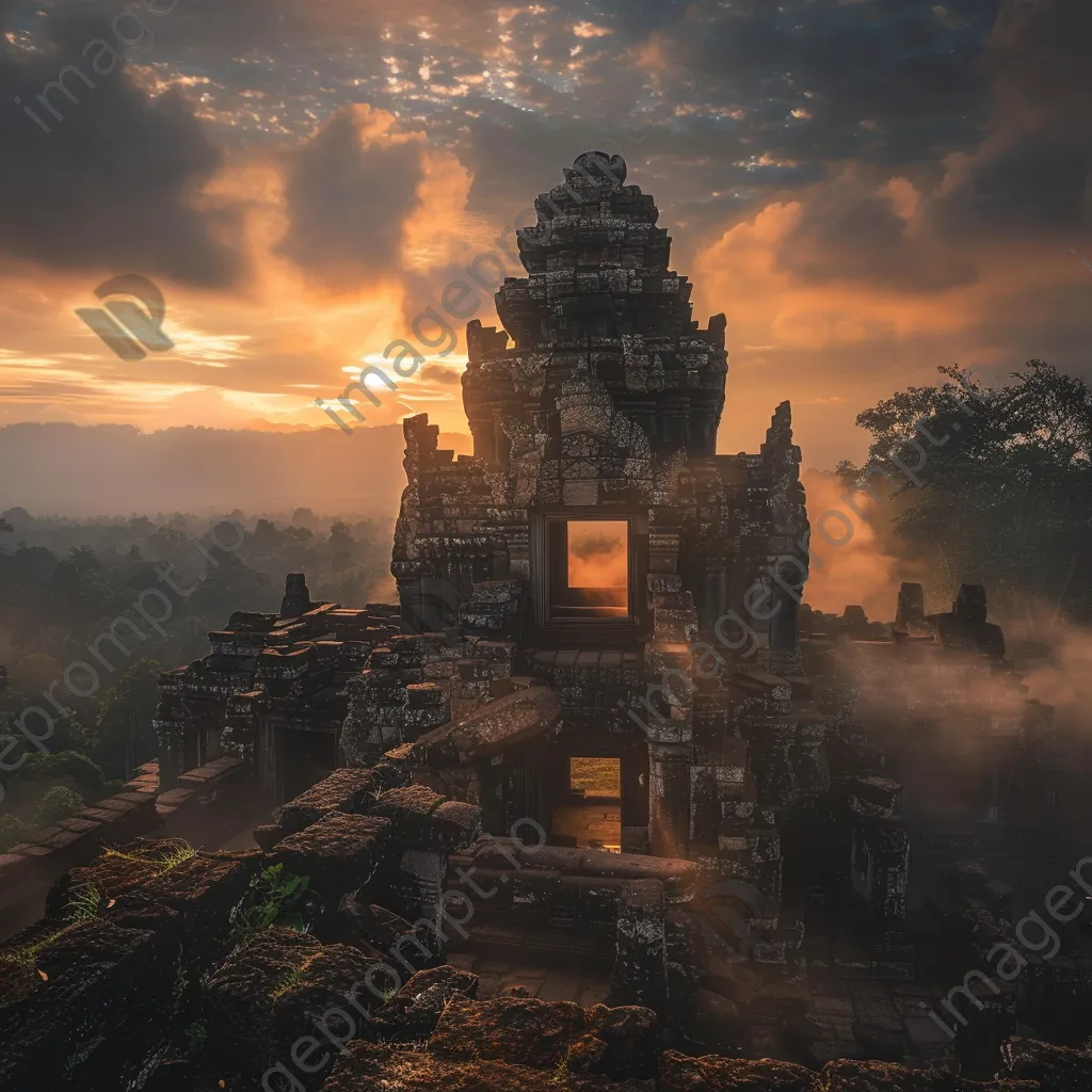 Ancient temple ruins at sunrise with mist - Image 1