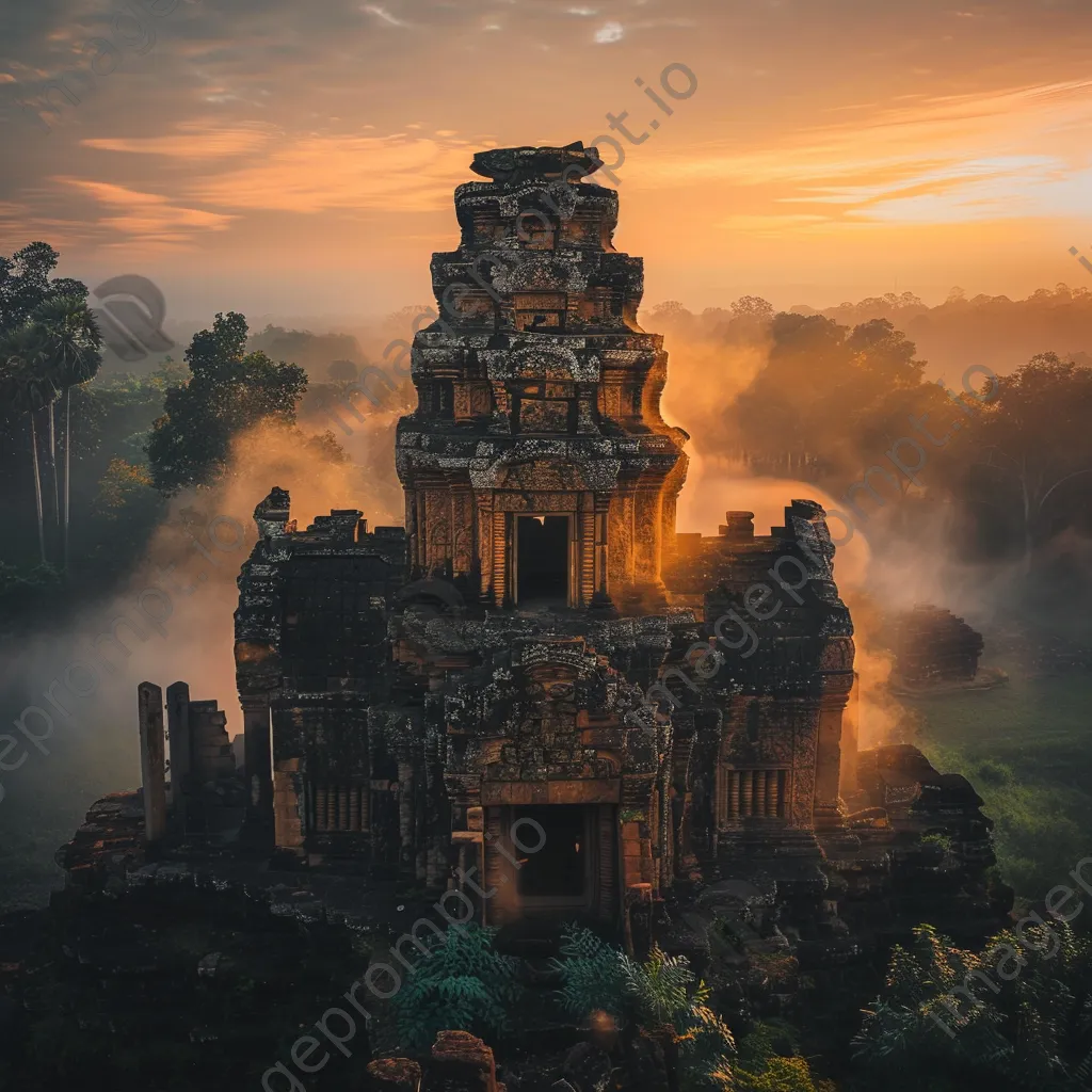 Ancient temple ruins at sunrise with mist - Image 2