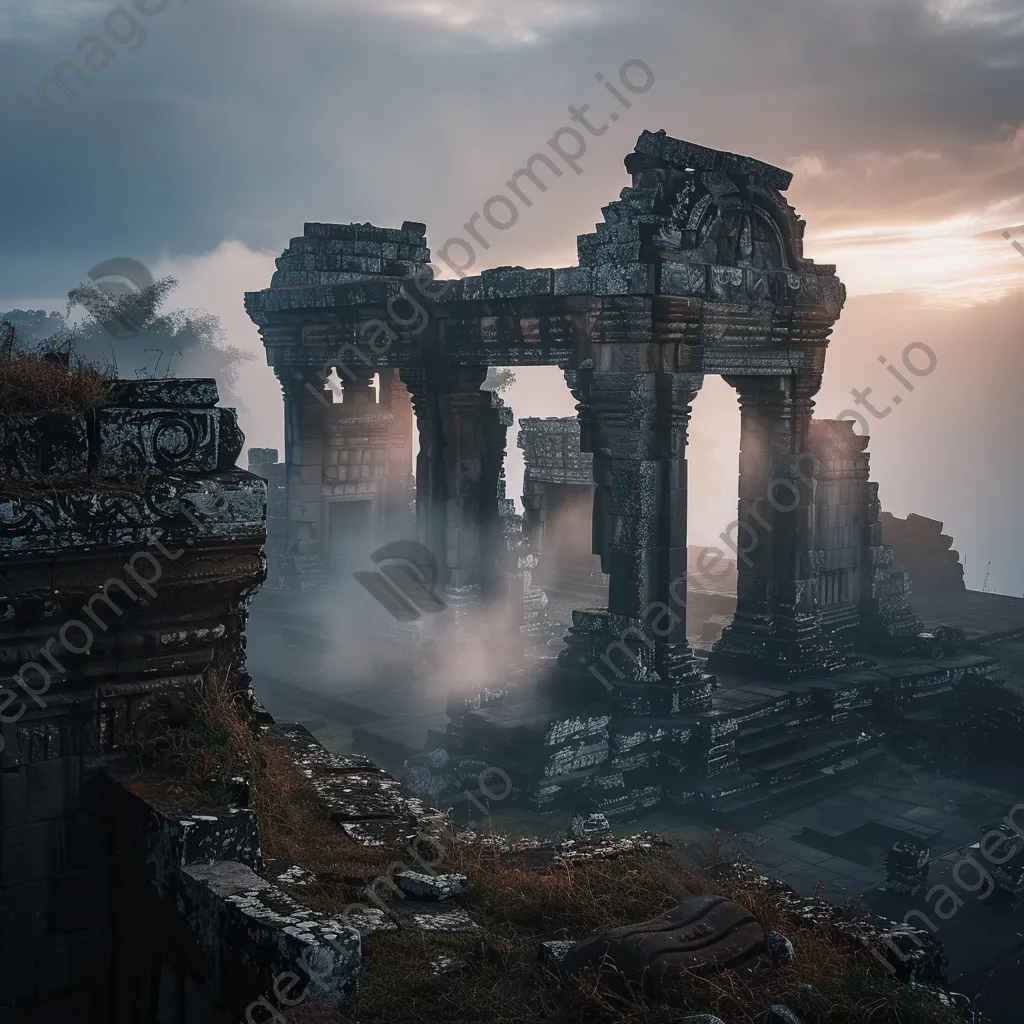 Ancient temple ruins at sunrise with mist - Image 3