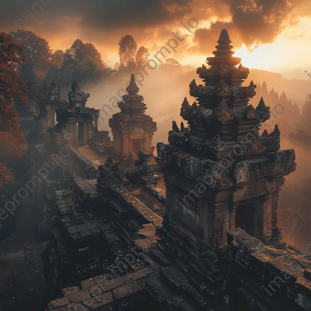 Ancient temple ruins at sunrise with mist - Image 4