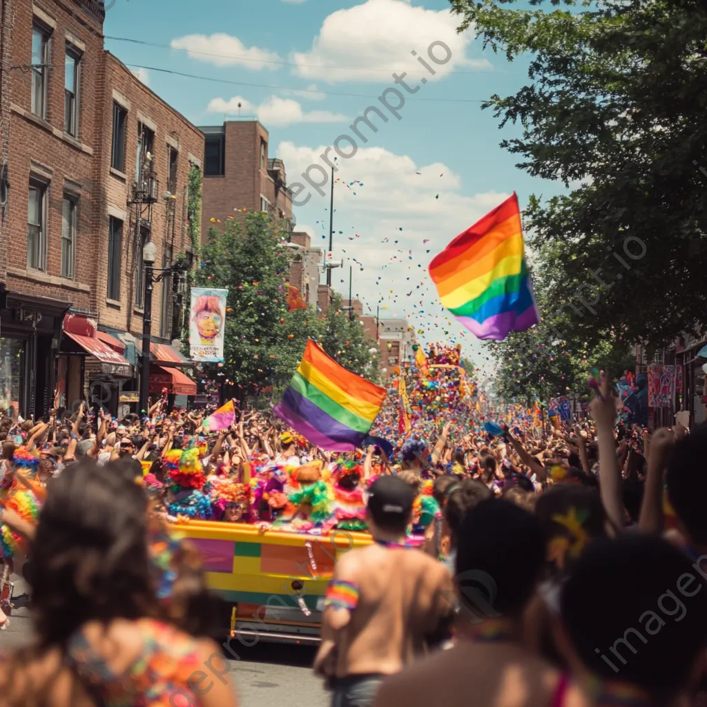 Colorful floats and crowds celebrating during a Pride parade. - Image 1