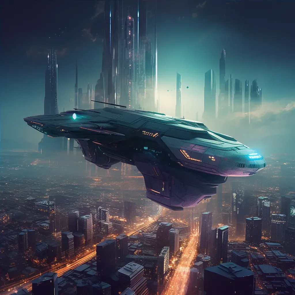 Futuristic Spacecraft Over Urban Lights