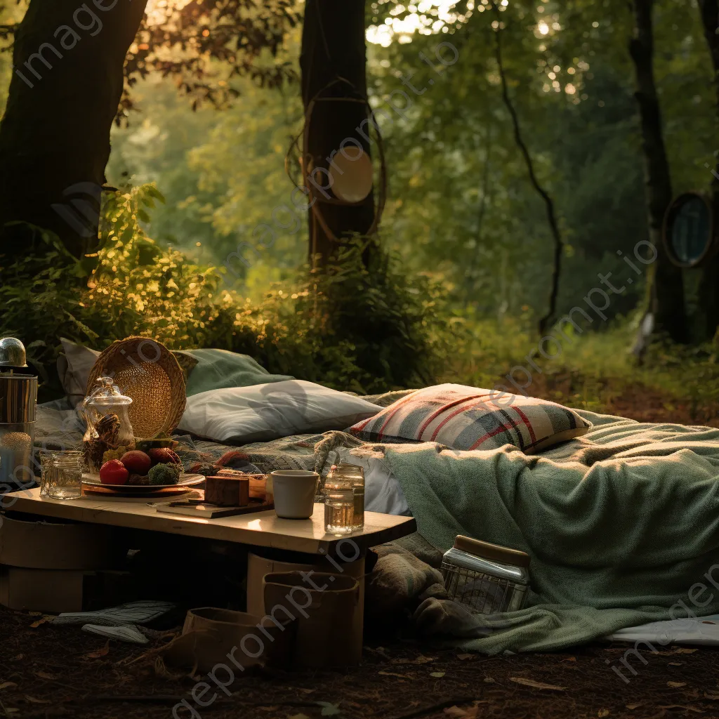 Woodland clearing with a rustic picnic setup under soft light. - Image 1