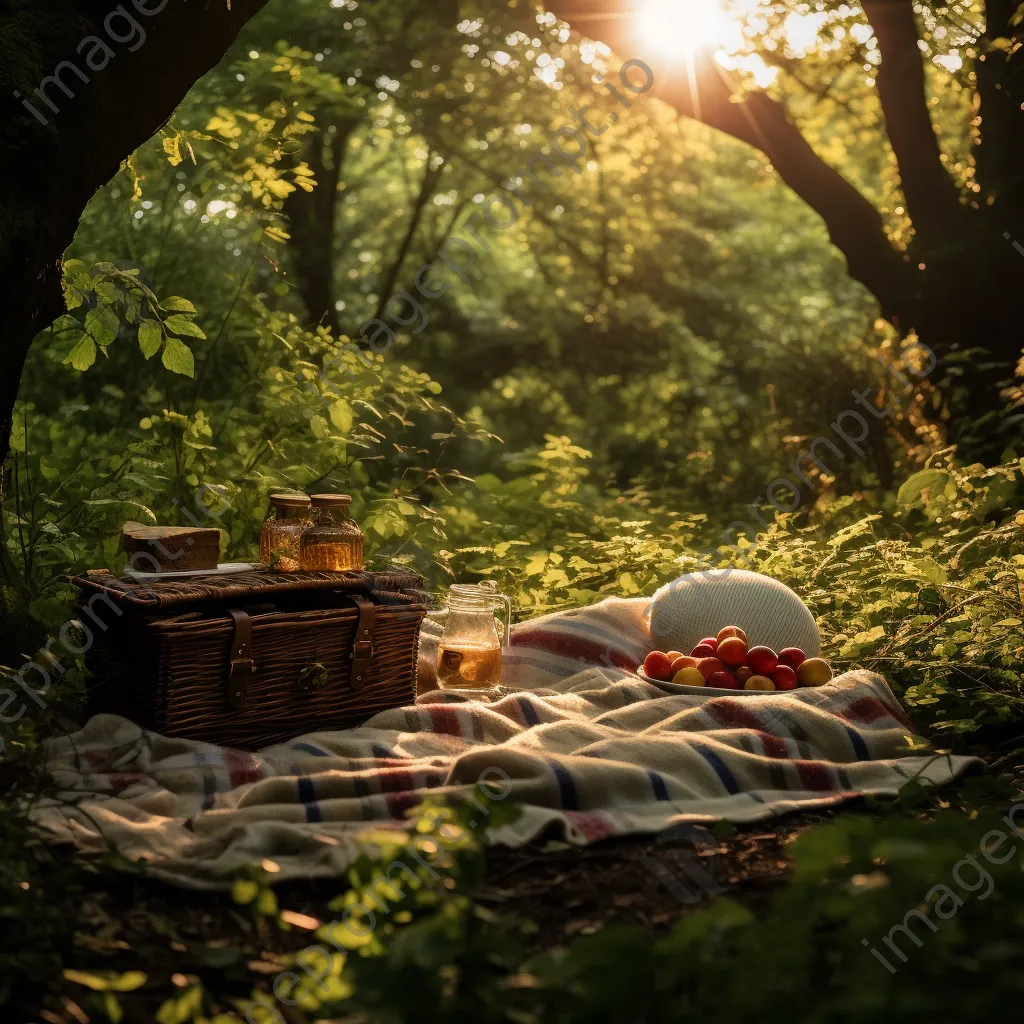 Woodland clearing with a rustic picnic setup under soft light. - Image 2