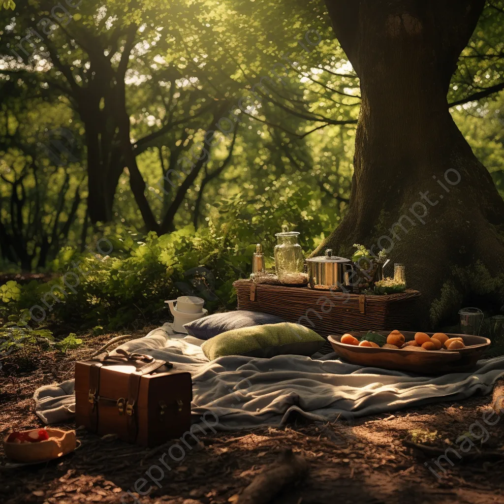 Woodland clearing with a rustic picnic setup under soft light. - Image 3