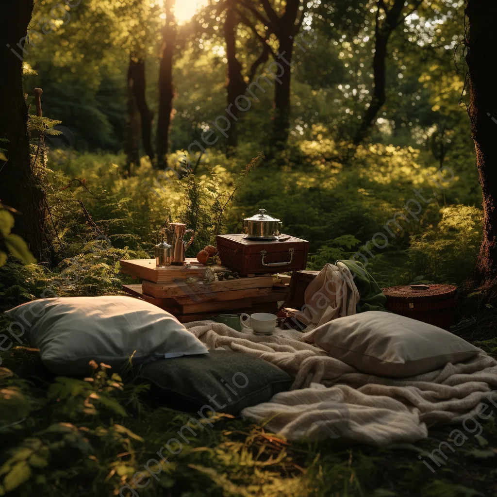 Woodland clearing with a rustic picnic setup under soft light. - Image 4