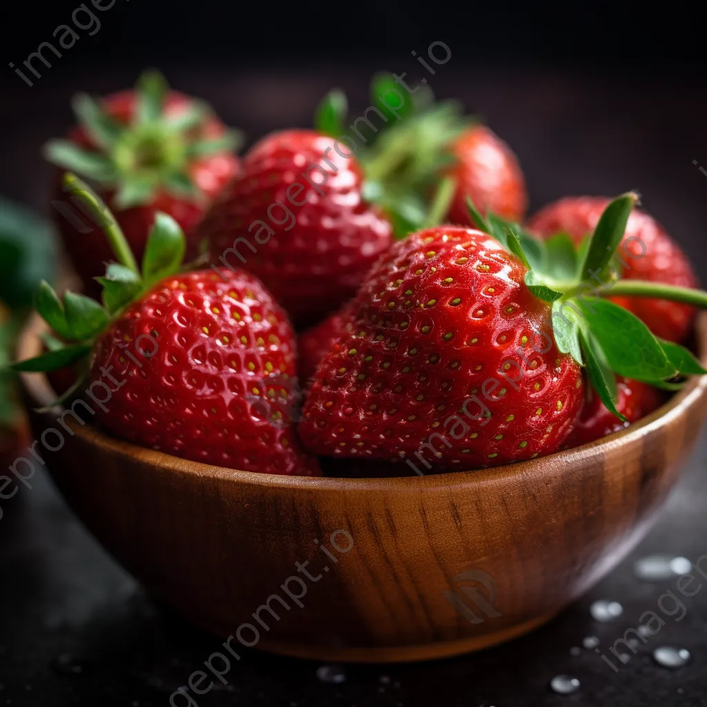 Close-up of organic strawberries in a wooden bowl. - Image 2