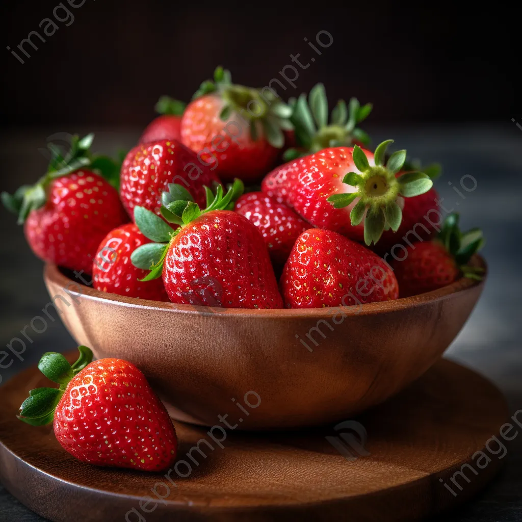 Close-up of organic strawberries in a wooden bowl. - Image 3