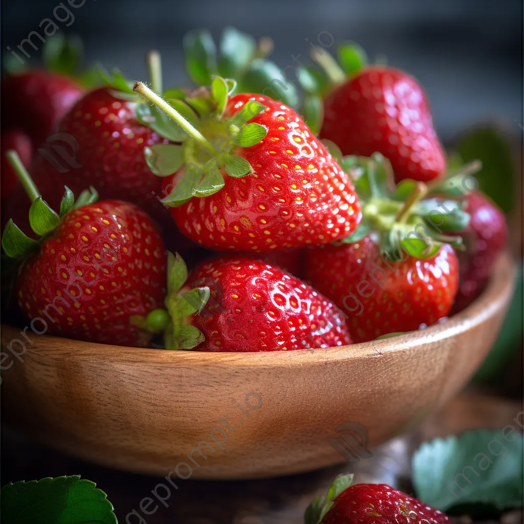 Close-up of organic strawberries in a wooden bowl. - Image 4