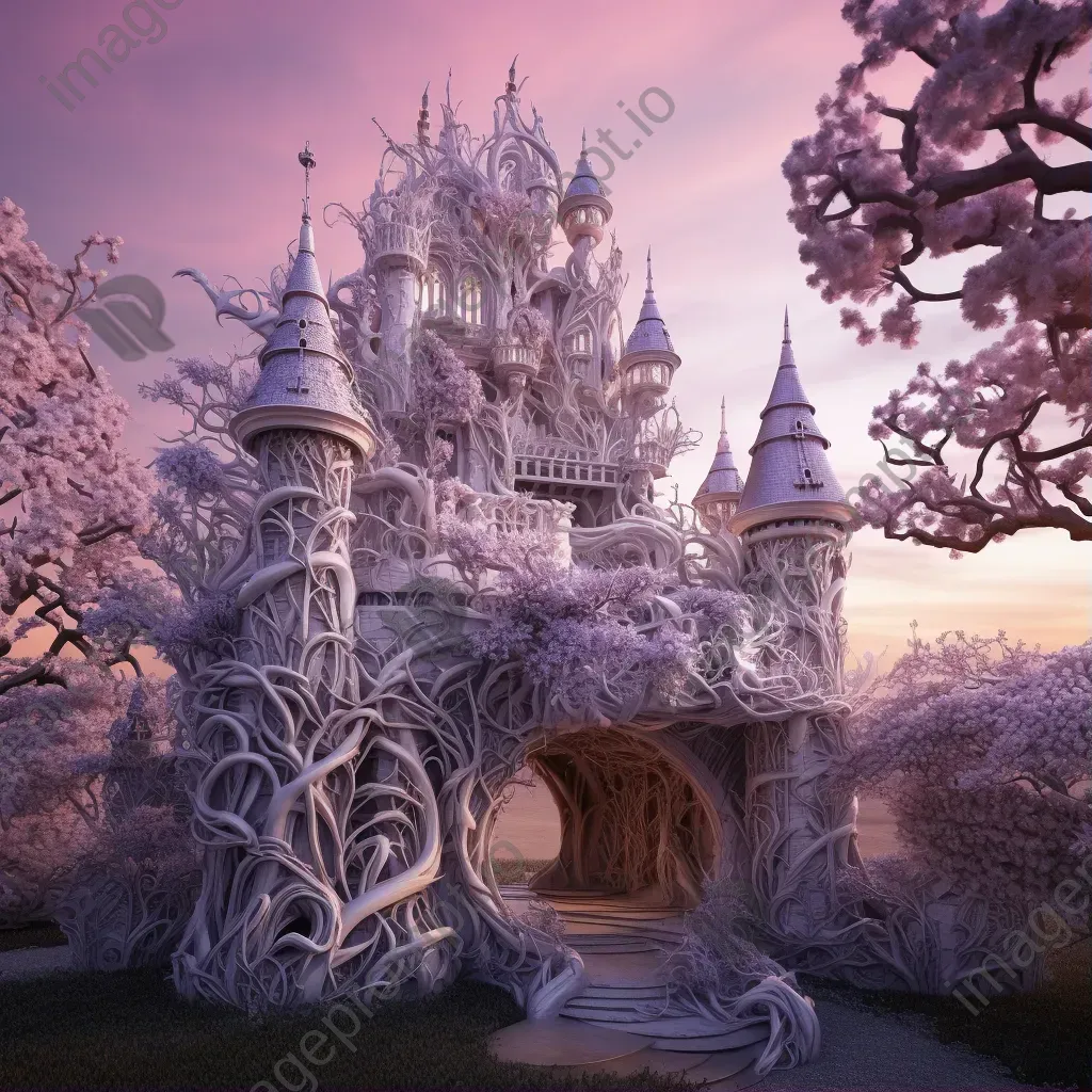 Twilight fairy tale castle crafted from recycled plastic, characterized by Rocco Revival