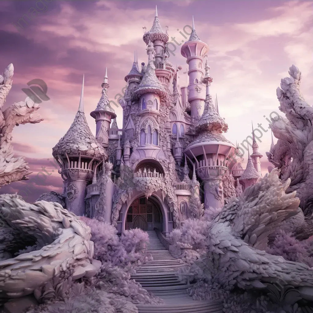 Twilight fairy tale castle crafted from recycled plastic, characterized by Rocco Revival