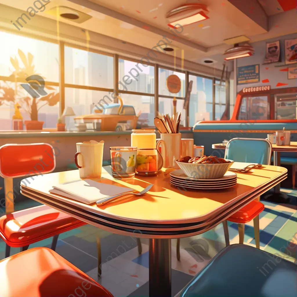 American diner breakfast in low poly style, inspired by mid-century graphic designs - Image 1