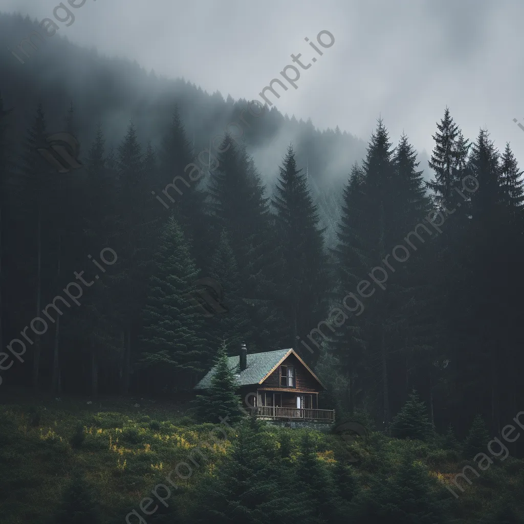 Lonely cabin in a misty valley surrounded by fog and trees - Image 1