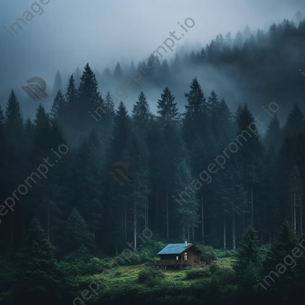 Lonely cabin in a misty valley surrounded by fog and trees - Image 2