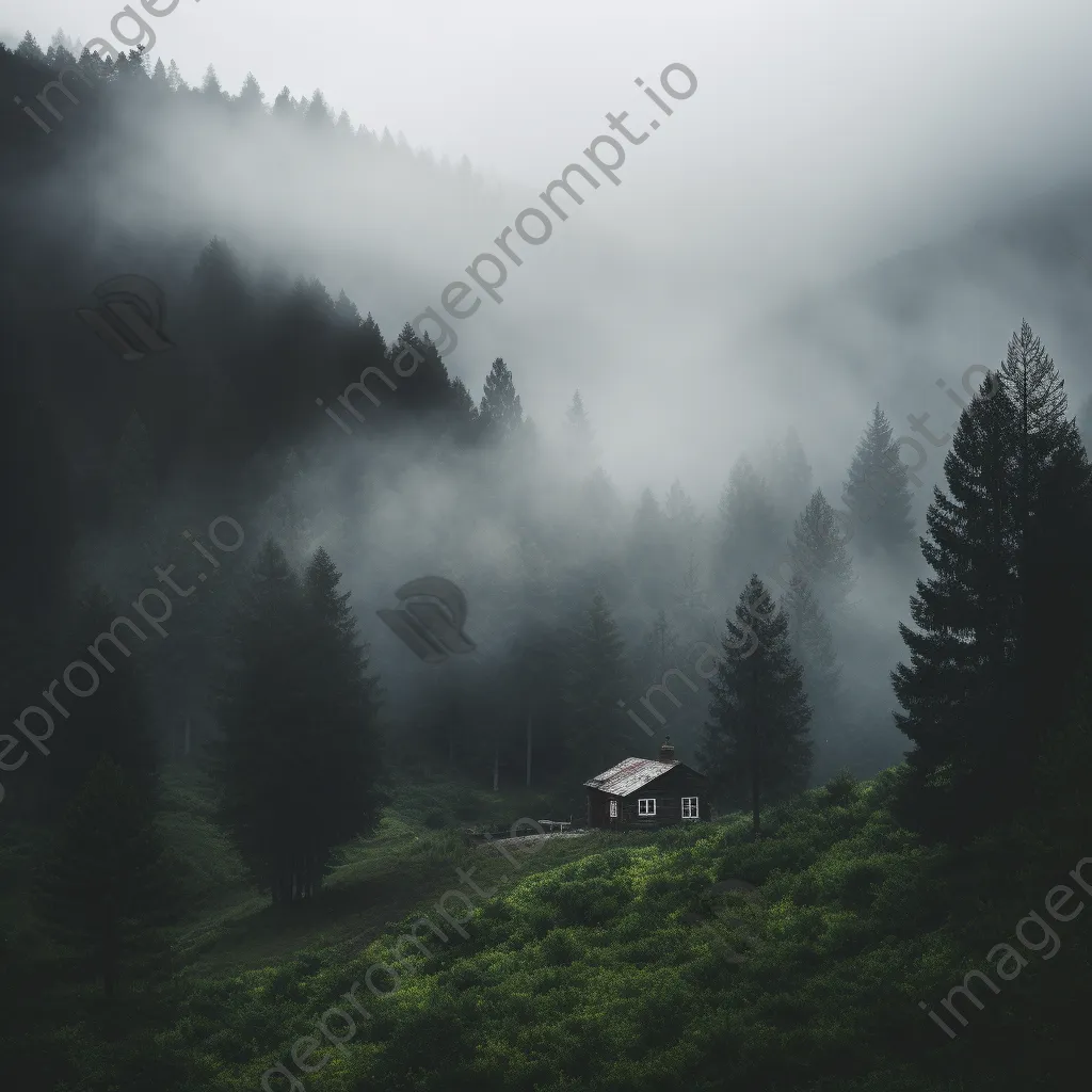 Lonely cabin in a misty valley surrounded by fog and trees - Image 4